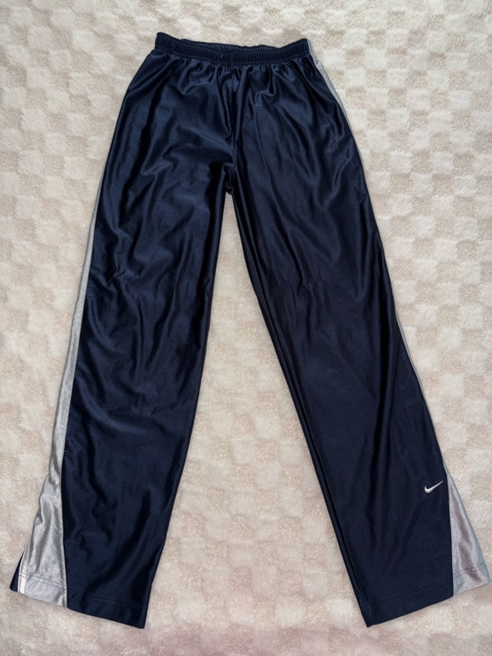 Vintage Nike Big Kids Baggy Navy Track Pants with Silver Side Panels • XLarge